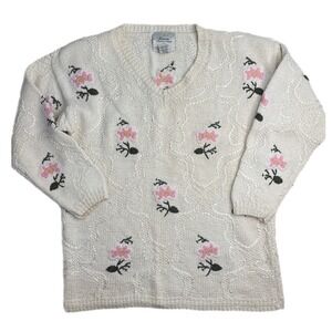 Vintage Handknitted Internationale Sweater Floral XS S M Cream
